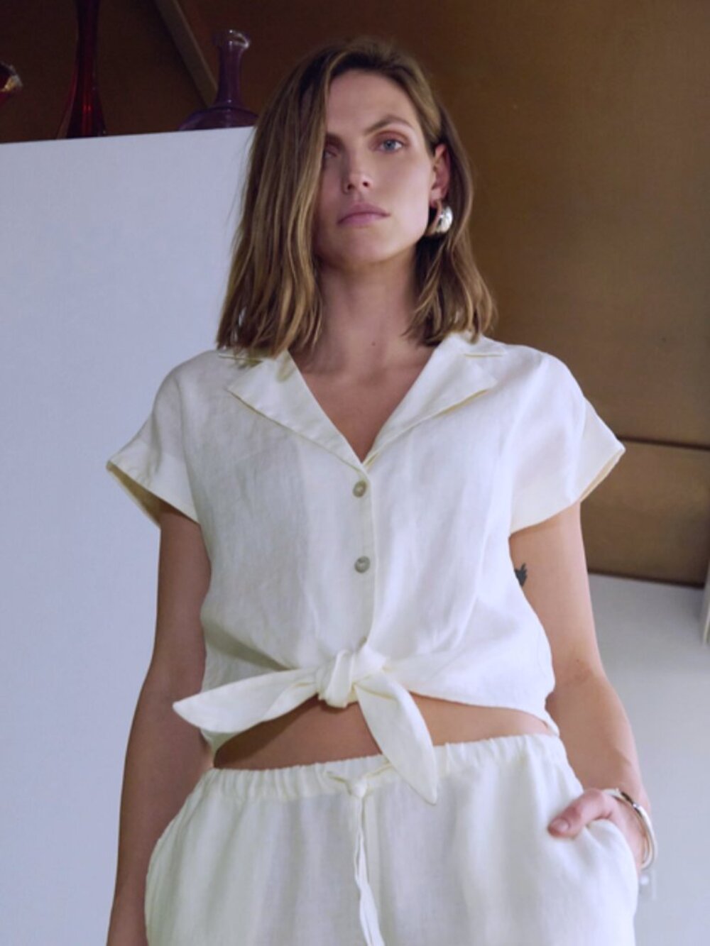 Nation Linen Noemi Tie Front Top, M, White, NWT